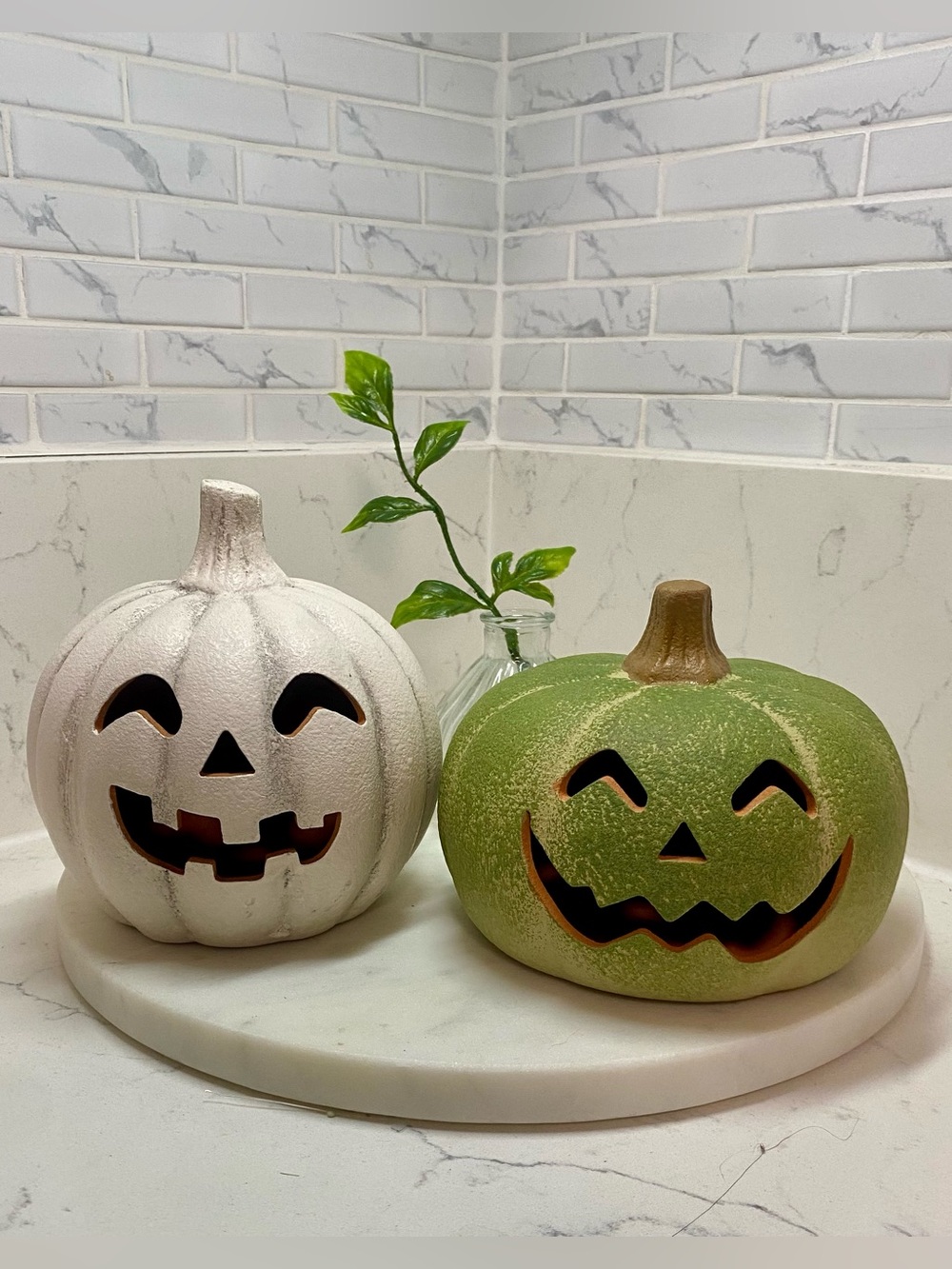 Decorative Halloween Ceramic Pumpkin - White and Green Jack-O'-Lanterns